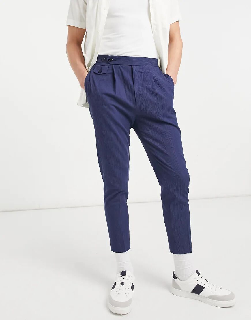 ASOS DESIGN tapered smart trousers in navy crinkle cotton linen  Navy