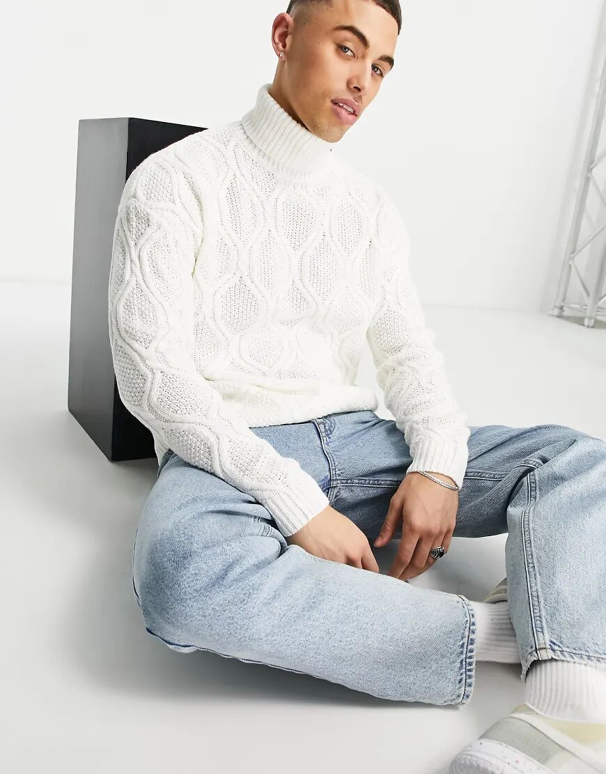 ASOS DESIGN textured cable knit roll neck jumper in white  White