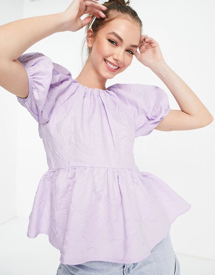 ASOS DESIGN textured jacquard peplum top with open back in lilac-Purple  Purple