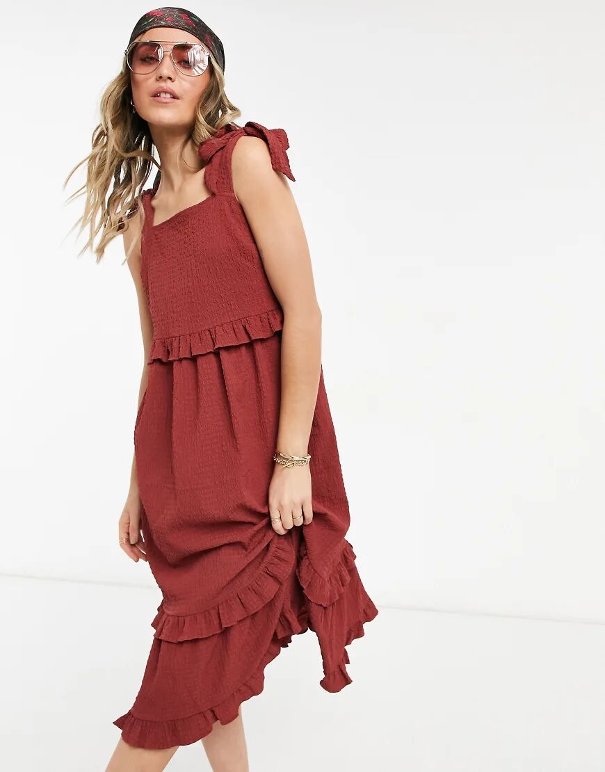 ASOS DESIGN textured ruffle swing midi sundress with tie straps in rust  Red