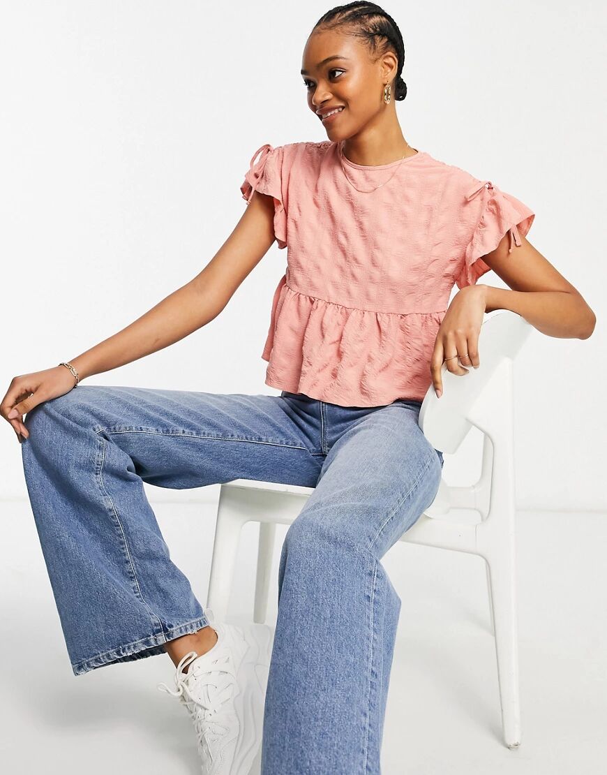 ASOS DESIGN textured smock top with frill sleeve in peach-Pink  Pink