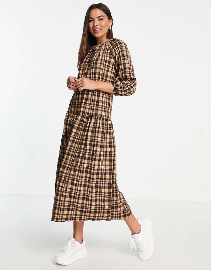 ASOS DESIGN textured tiered midi smock dress in seersucker check-Multi  Multi