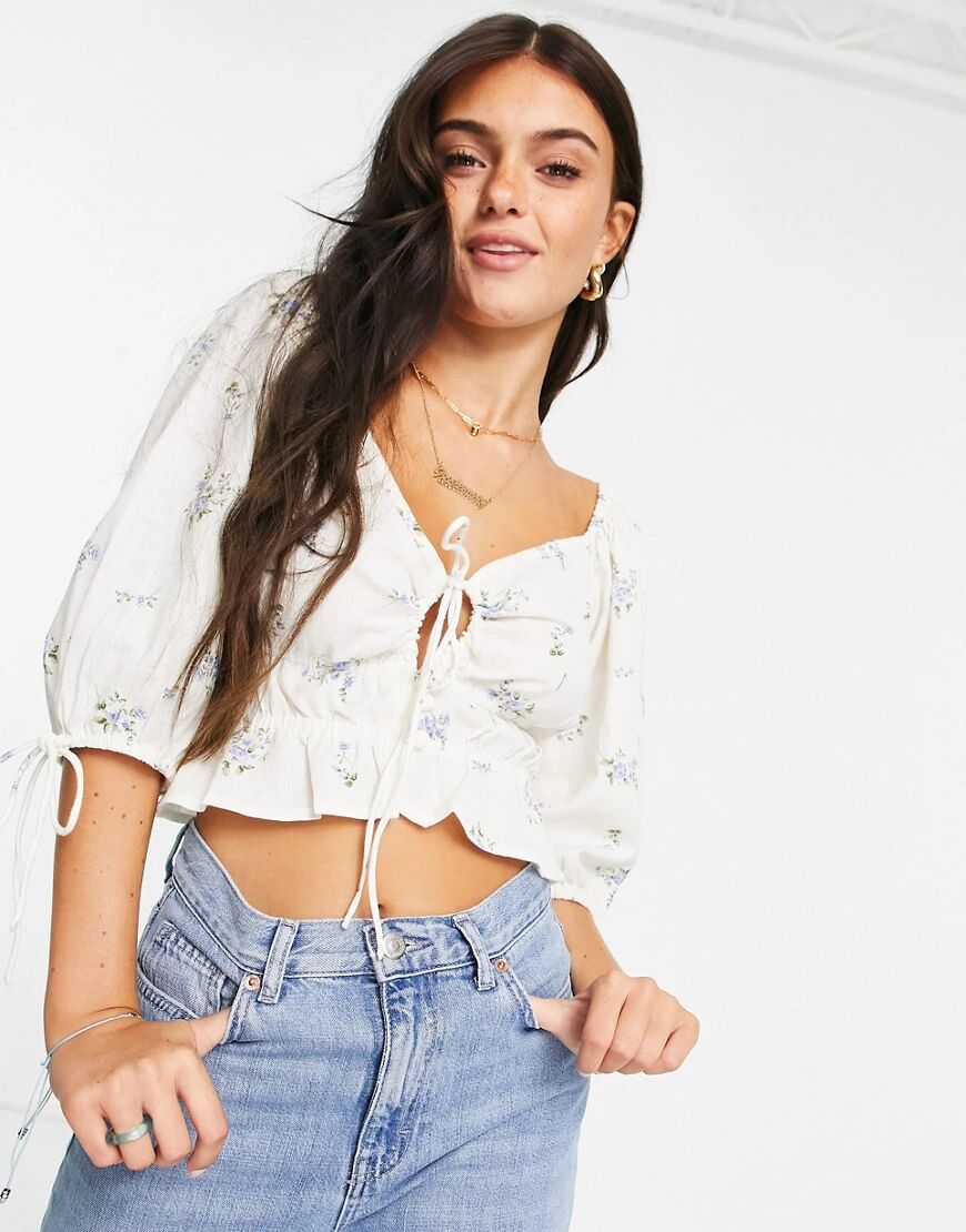 ASOS DESIGN tie front floral top with shirred waist-White  White