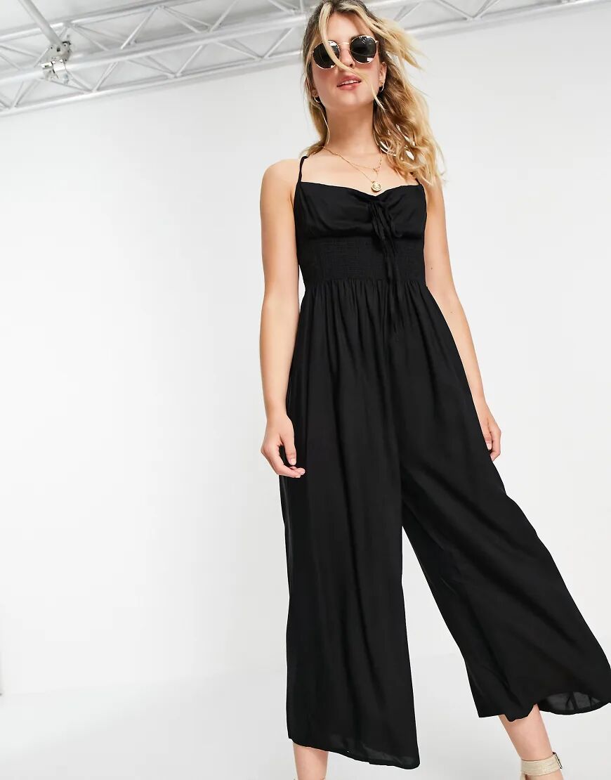 ASOS DESIGN tie front shirred waist culotte jumpsuit in black  Black