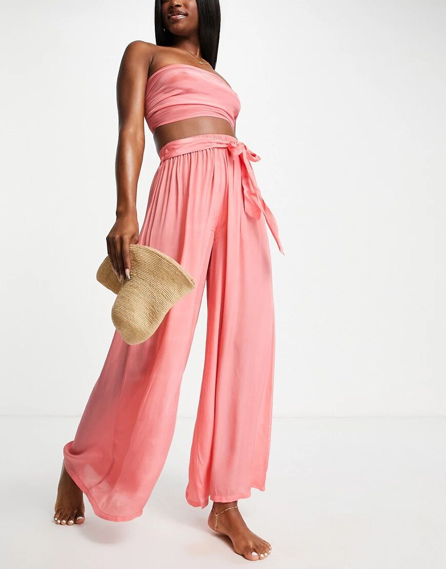 ASOS DESIGN tie wide leg co-ord beach trouser in mink-Pink  Pink