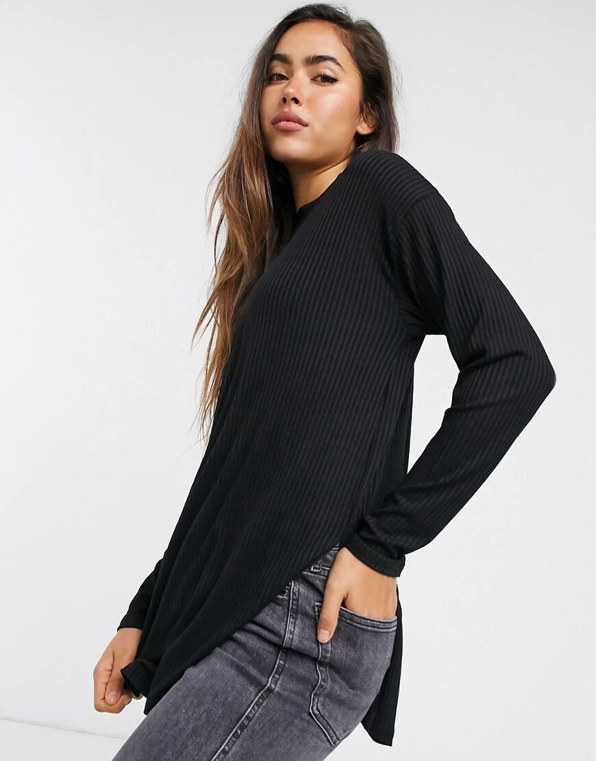 ASOS DESIGN top with side splits and long sleeve in clean rib in black  Black
