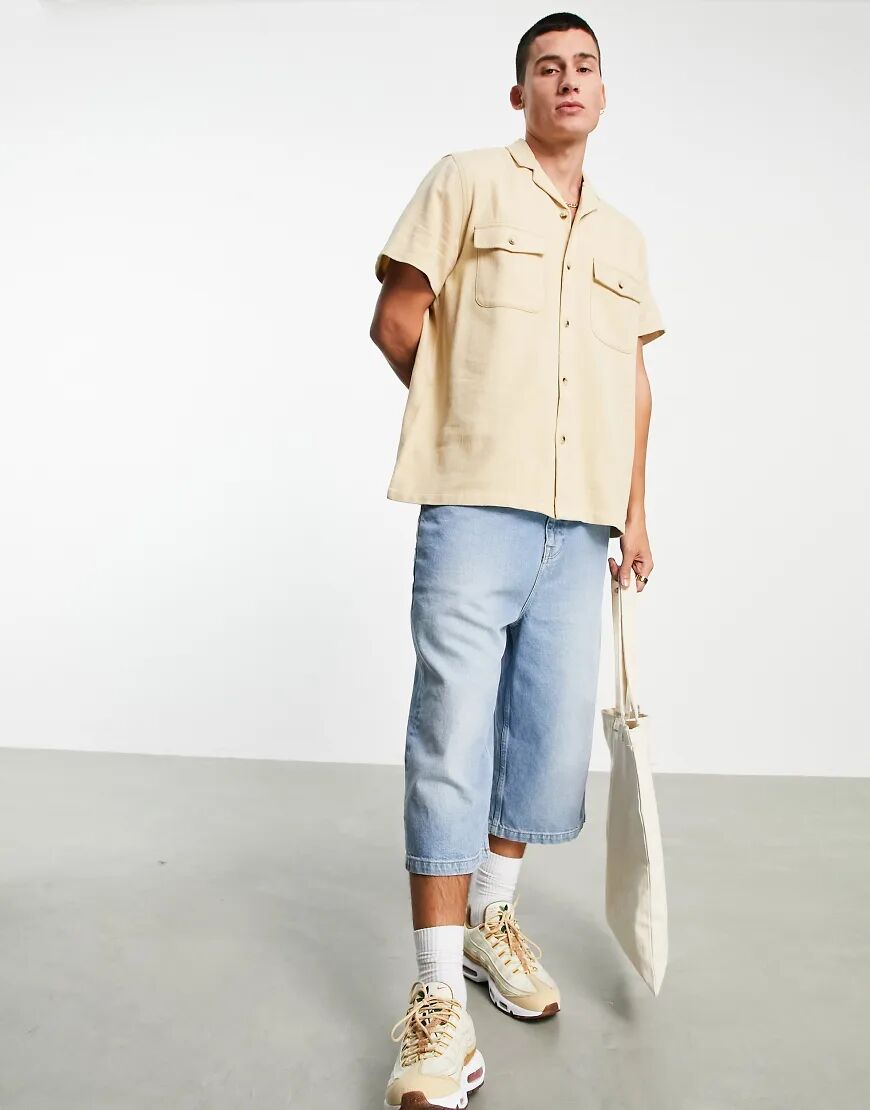 ASOS DESIGN twill short sleeve utility shirt in stone-Neutral  Neutral