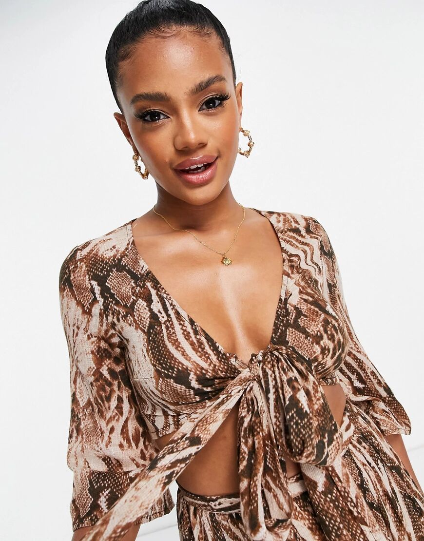 ASOS DESIGN twist front flutter sleeve beach top co ord in blurred animal print-Multi  Multi