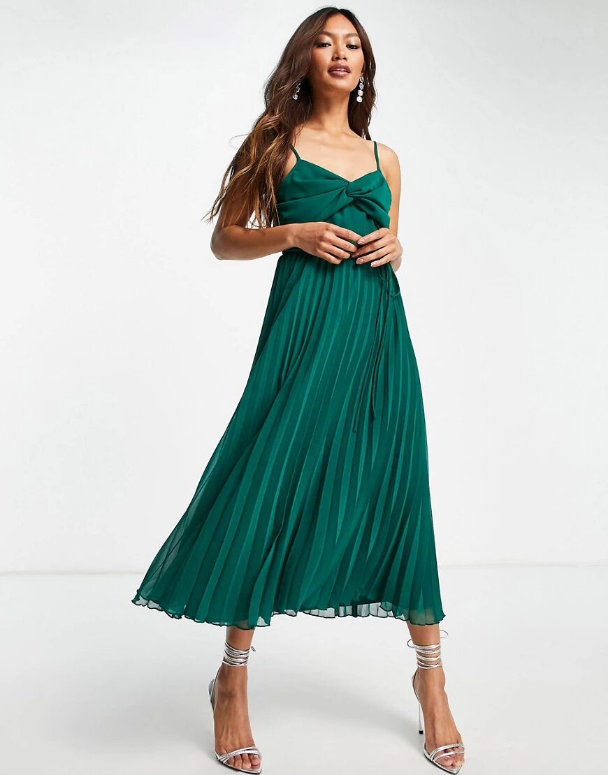 ASOS DESIGN twist front pleated cami midi dress with belt in forest green  Green