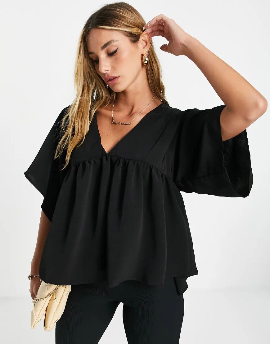 ASOS DESIGN v neck smock top in black  Black