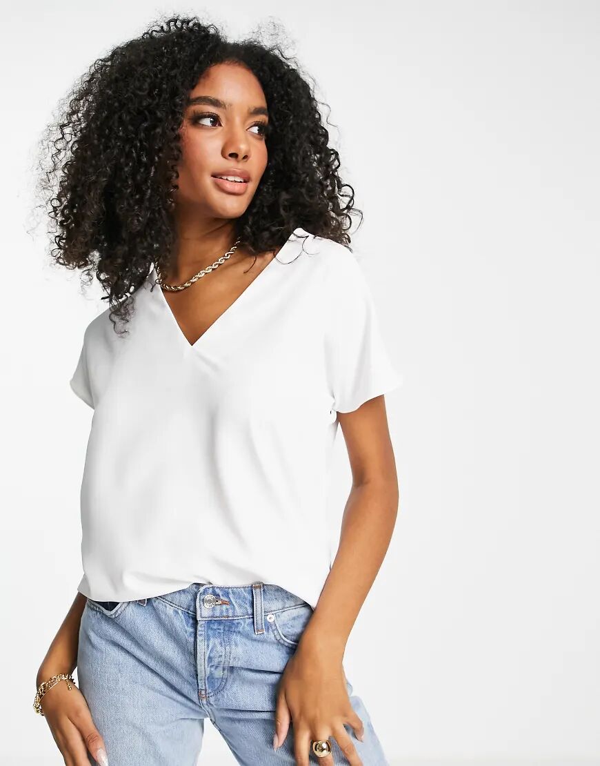 ASOS DESIGN v neck woven top in ivory-White  White