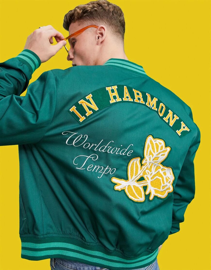 ASOS DESIGN varsity bomber jacket in green with embroidery badging  Green