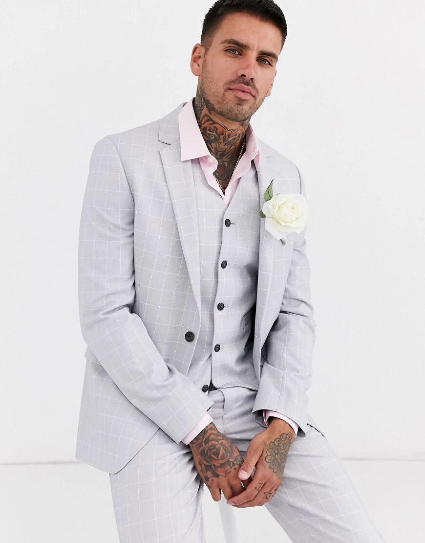 ASOS DESIGN wedding slim suit jacket in windowpane check in ice grey  Grey