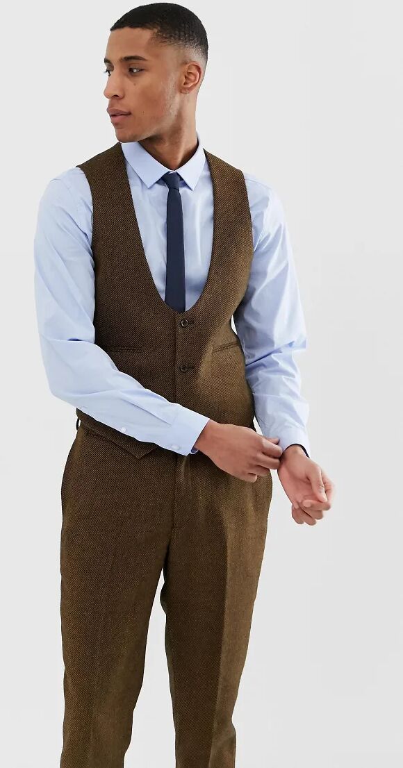 ASOS DESIGN wedding slim suit waistcoats in tan wool mix twill-Brown  Brown