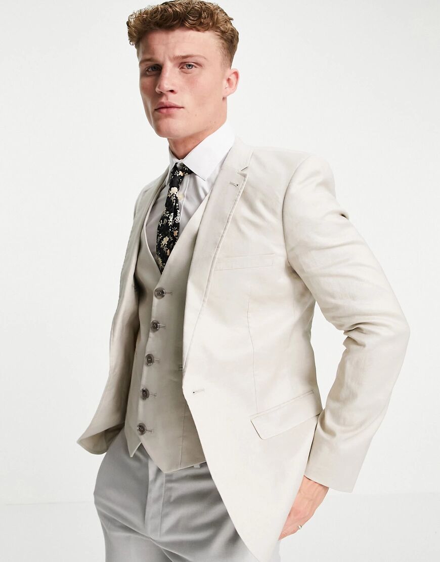 ASOS DESIGN wedding super skinny suit jacket in stone cotton linen-Neutral  Neutral