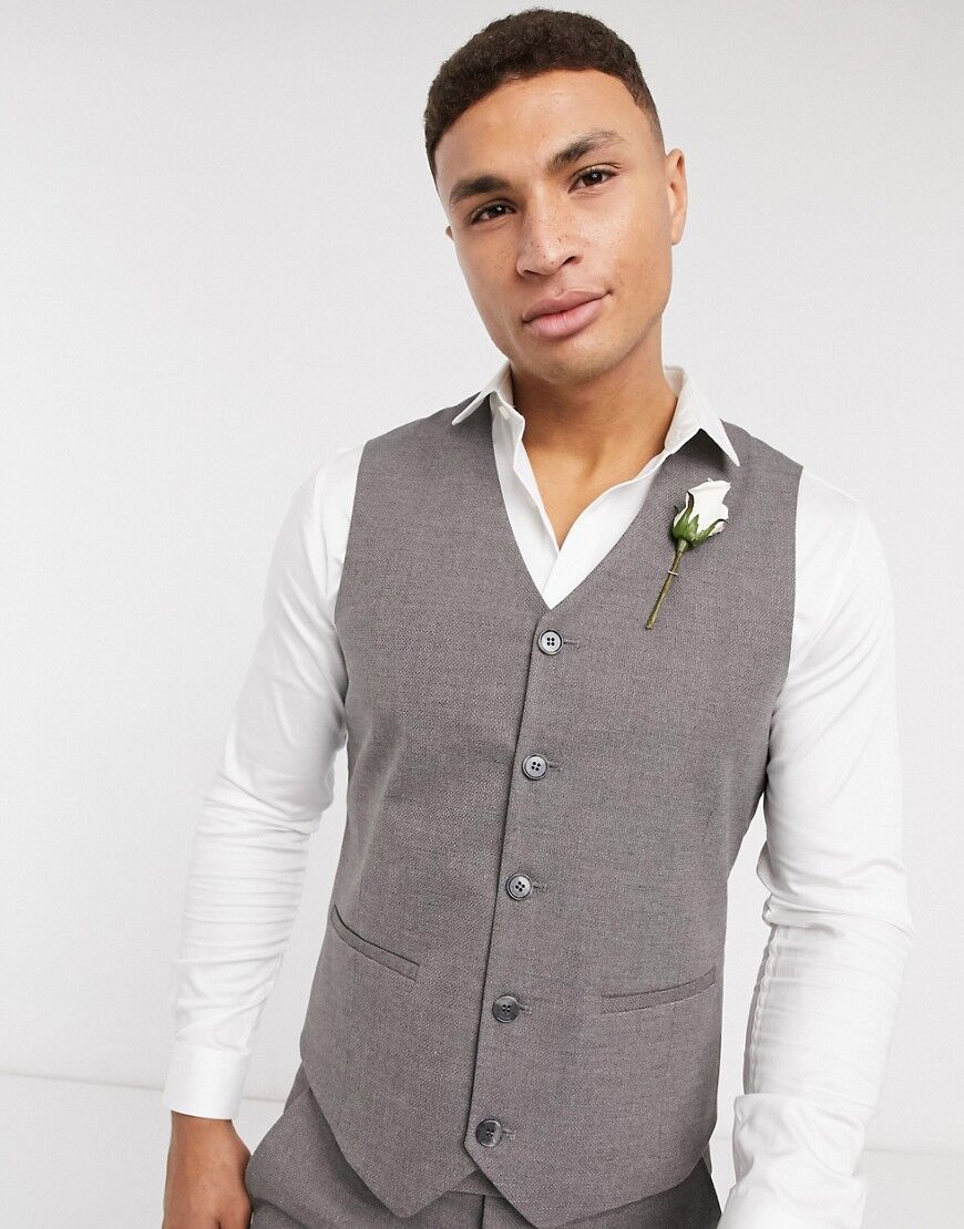 ASOS DESIGN wedding super skinny suit waistcoat in charcoal micro texture-Grey  Grey