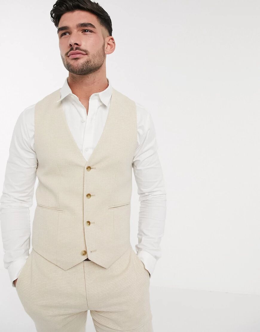 ASOS DESIGN wedding super skinny suit waistcoat in stretch cotton linen in stone houndstooth-Neutral  Neutral