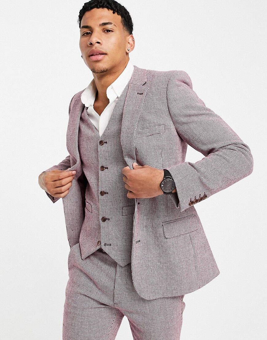ASOS DESIGN wedding super skinny wool mix suit jacket in burgundy puppytooth-Red  Red