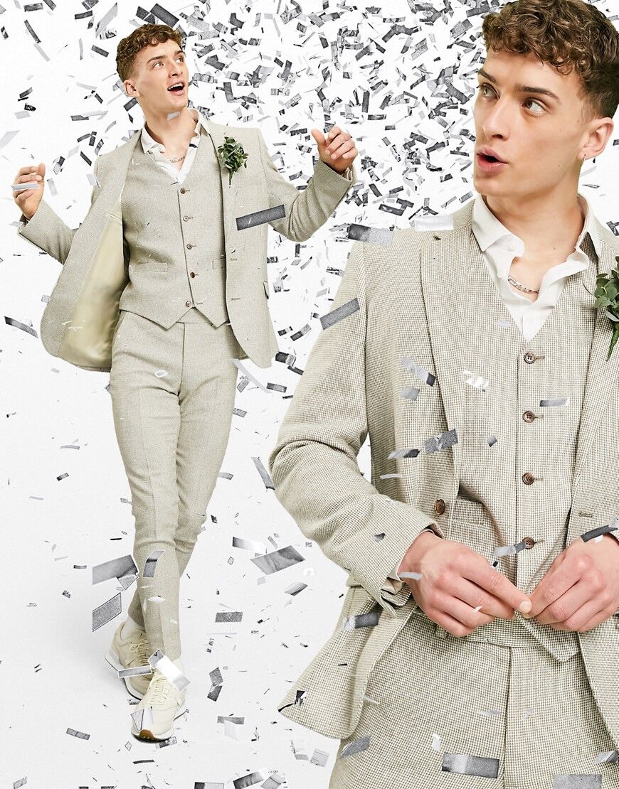 ASOS DESIGN wedding super skinny wool mix suit jacket in stone puppytooth-Neutral  Neutral