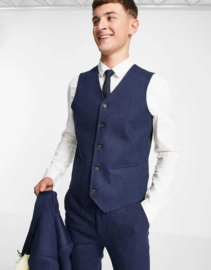 ASOS DESIGN wedding super skinny wool mix suit waistcoat in navy herringbone  Navy