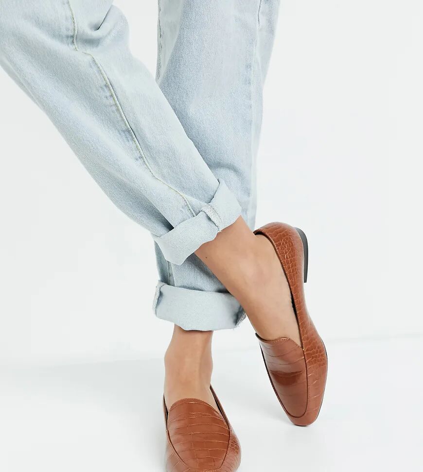 ASOS DESIGN Wide Fit Mindy flat loafers in tan croc-Brown  Brown