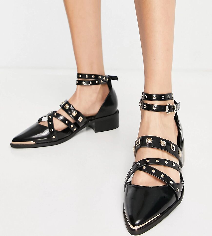 ASOS DESIGN Wide Fit Modish hardware point flat shoes in black  Black