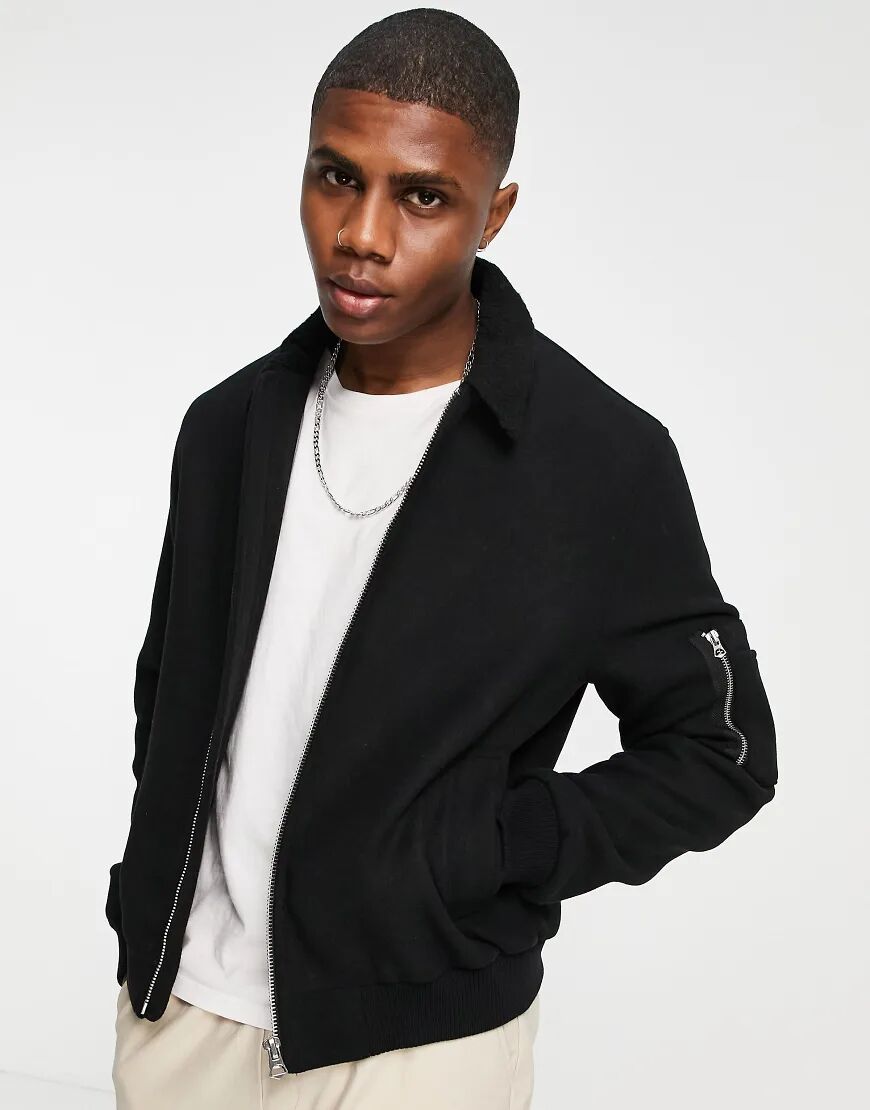 ASOS DESIGN wool mix bomber jacket with borg collar in black  Black