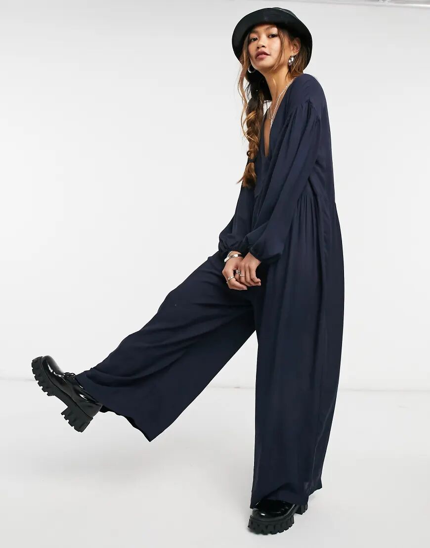 ASOS DESIGN wrap smock jumpsuit with button in navy-Blue  Blue