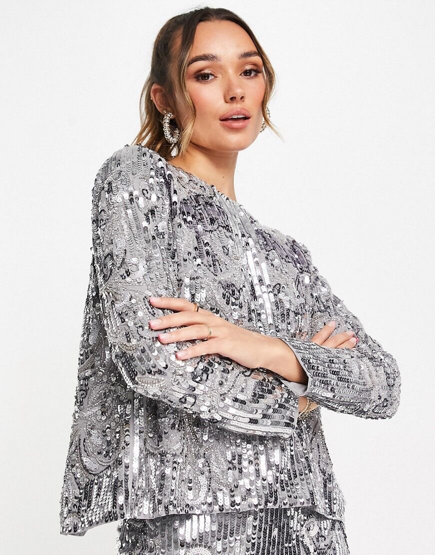 ASOS EDITION mirrored cat sequin split back top-Silver  Silver