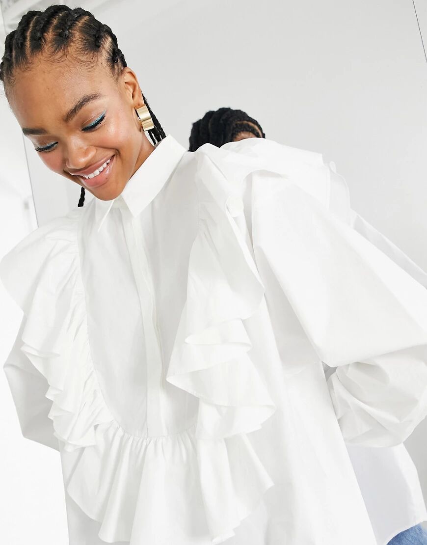 ASOS EDITION oversized cotton shirt with ruffle bib in white  White