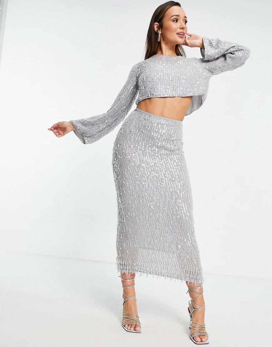 ASOS EDITION sequin & crystal fringe midi skirt in grey  Grey