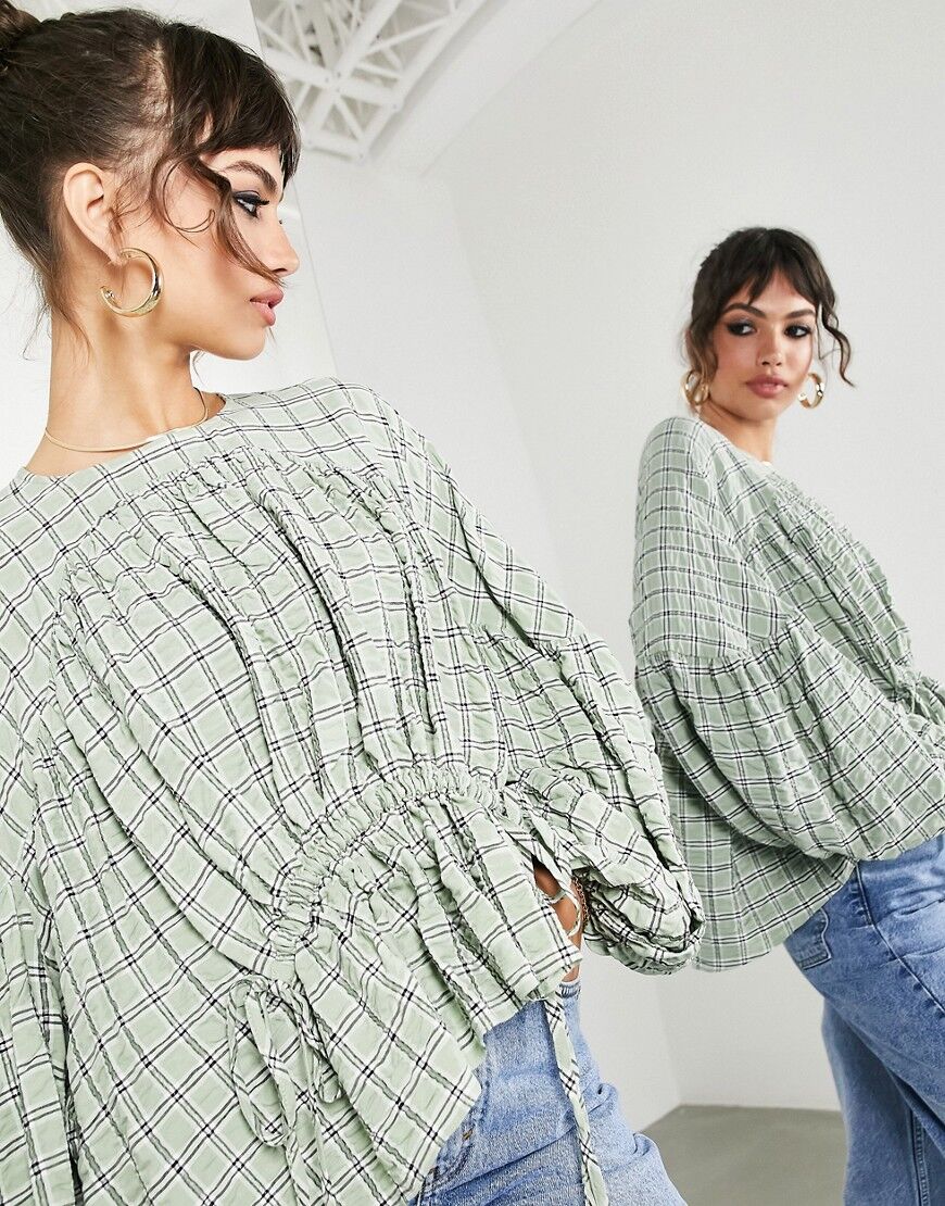 ASOS EDITION smock top with gathered detail in green check-Multi  Multi