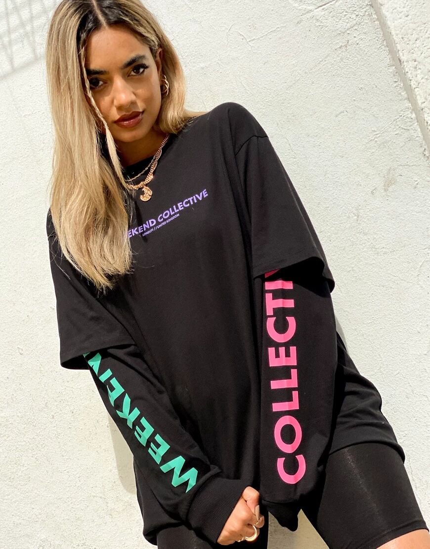 ASOS Weekend Collective oversized double layer t-shirt with logo in black  Black