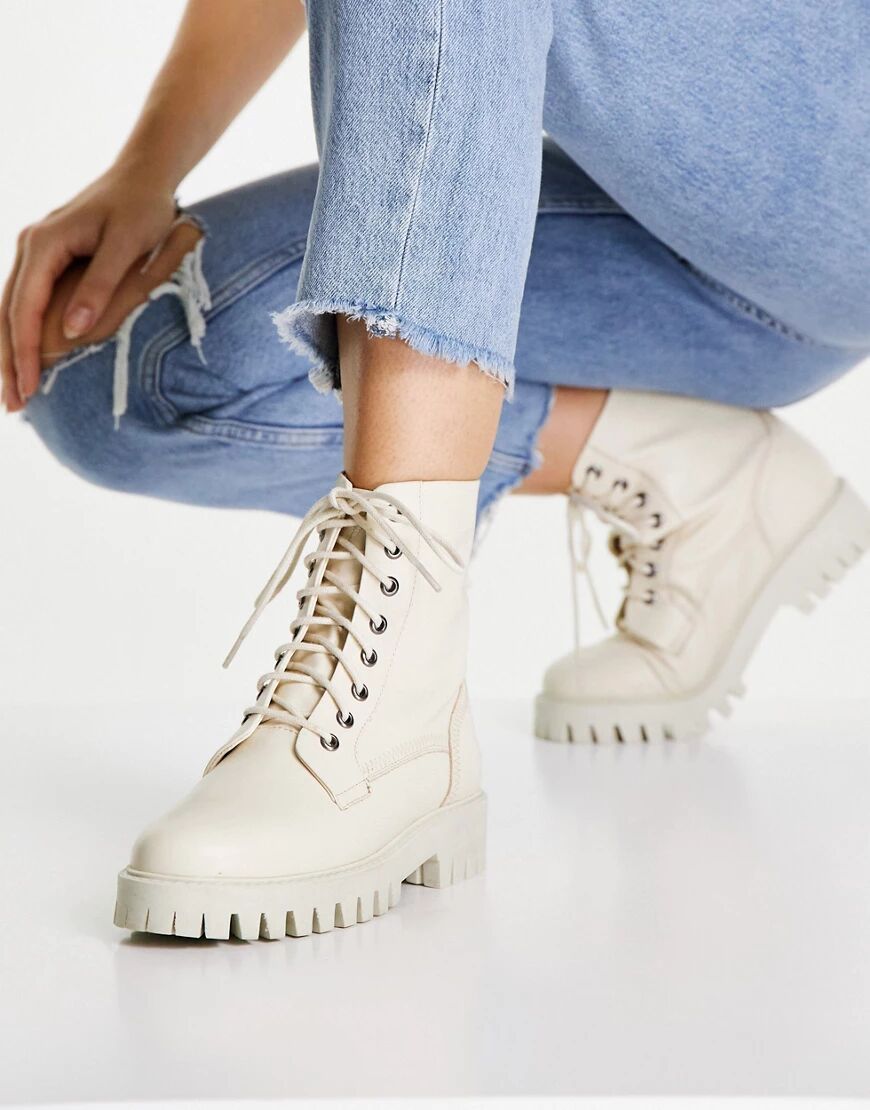 ASRA Billie lace up flat boots with stich detail in beige leather drench-White  White