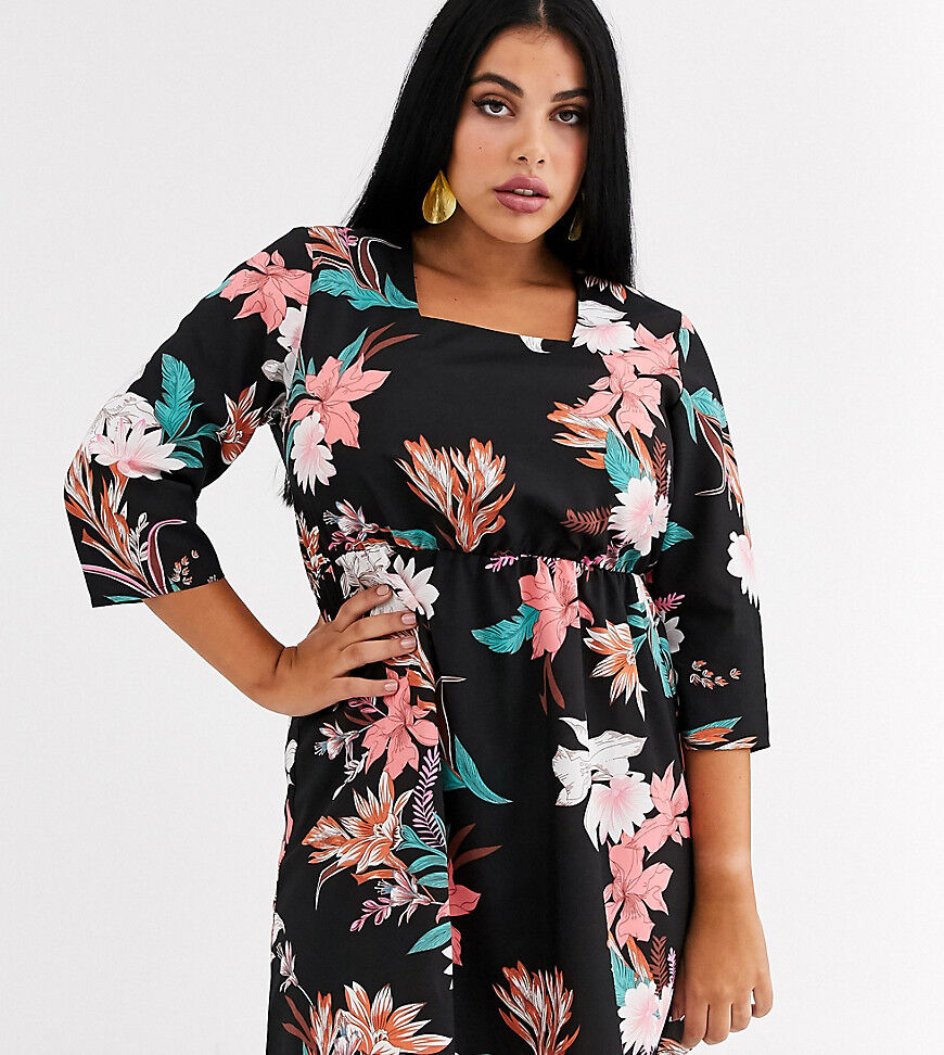 AX Paris Plus square neck black based floral dress-Multi  Multi