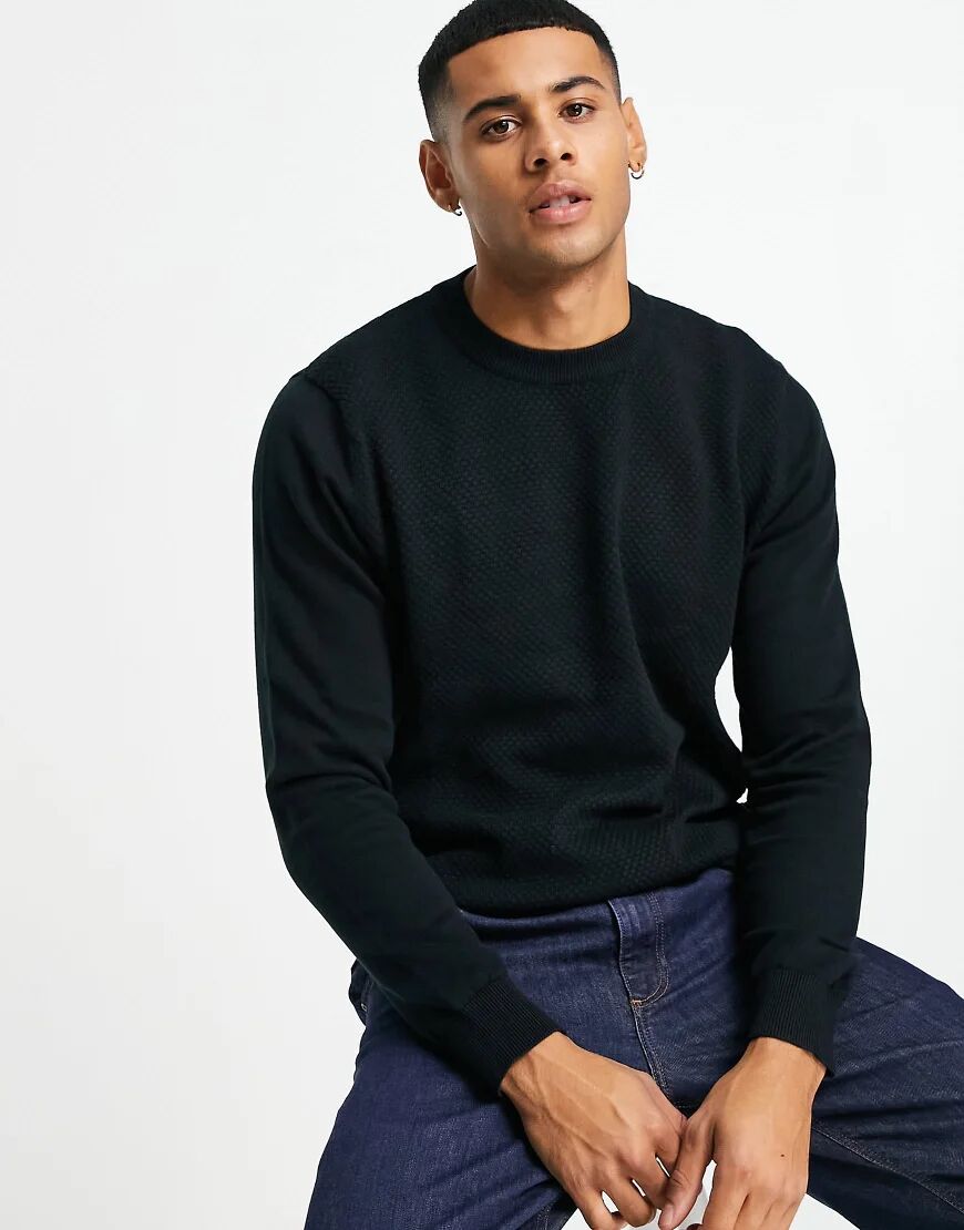 Ben Sherman texture front crew neck jumper-Black  Black