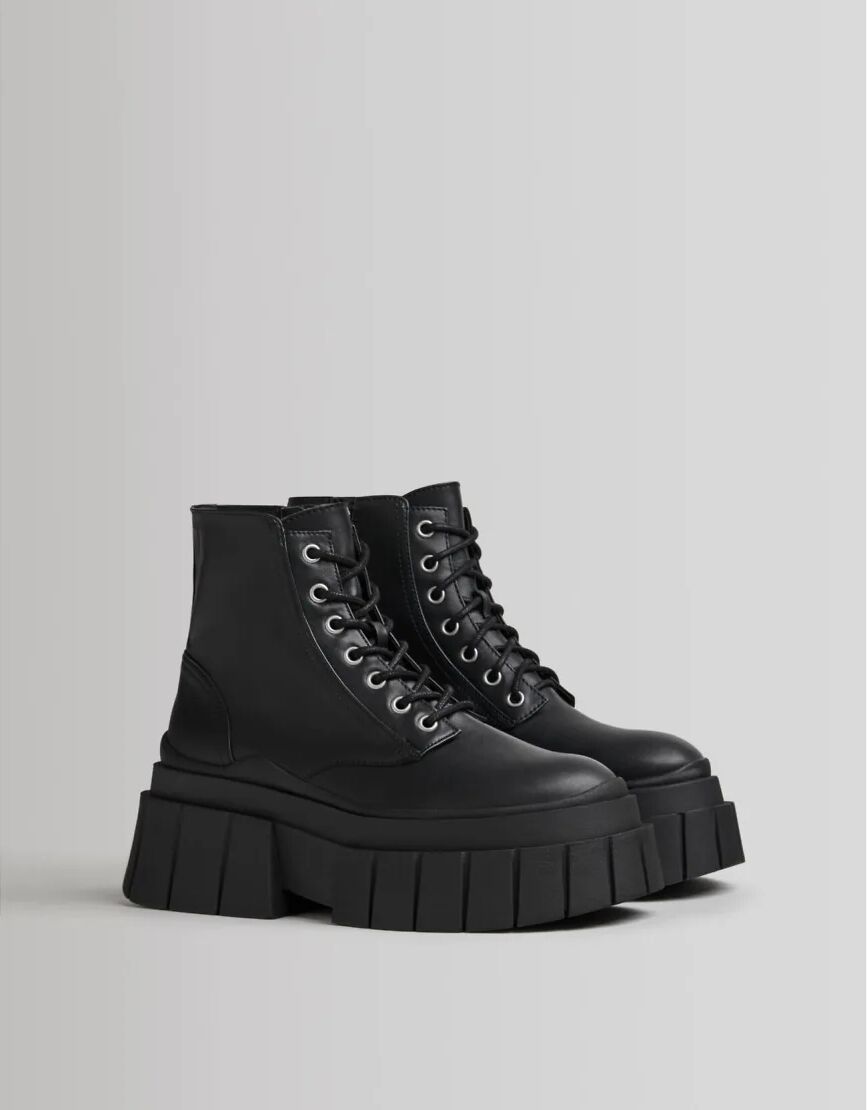 Bershka chunky lace up biker boot in black  Black