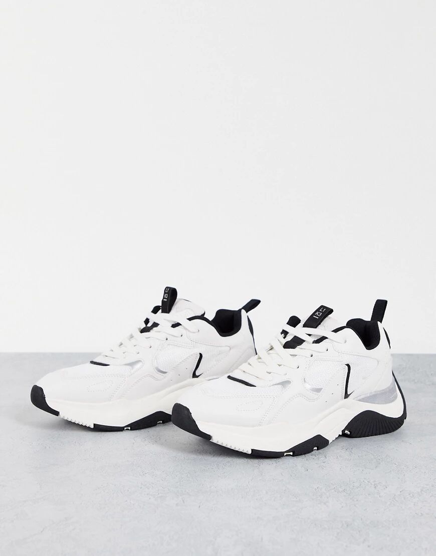 Bershka chunky trainer in white with black sole and detailing  White