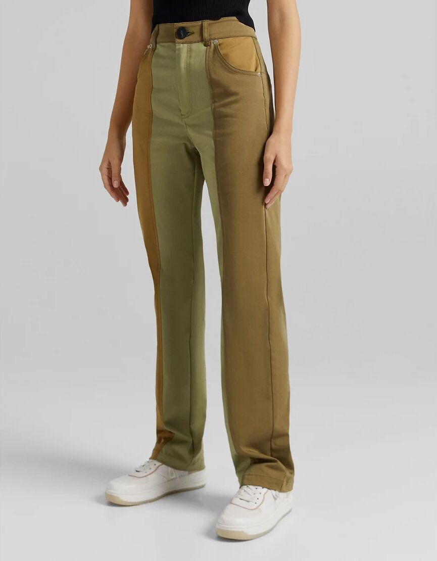 Bershka colour block military style straight jeans in khaki-Green  Green