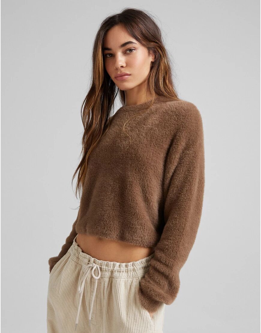 Bershka crew neck fluffy jumper in chocolate-Brown  Brown