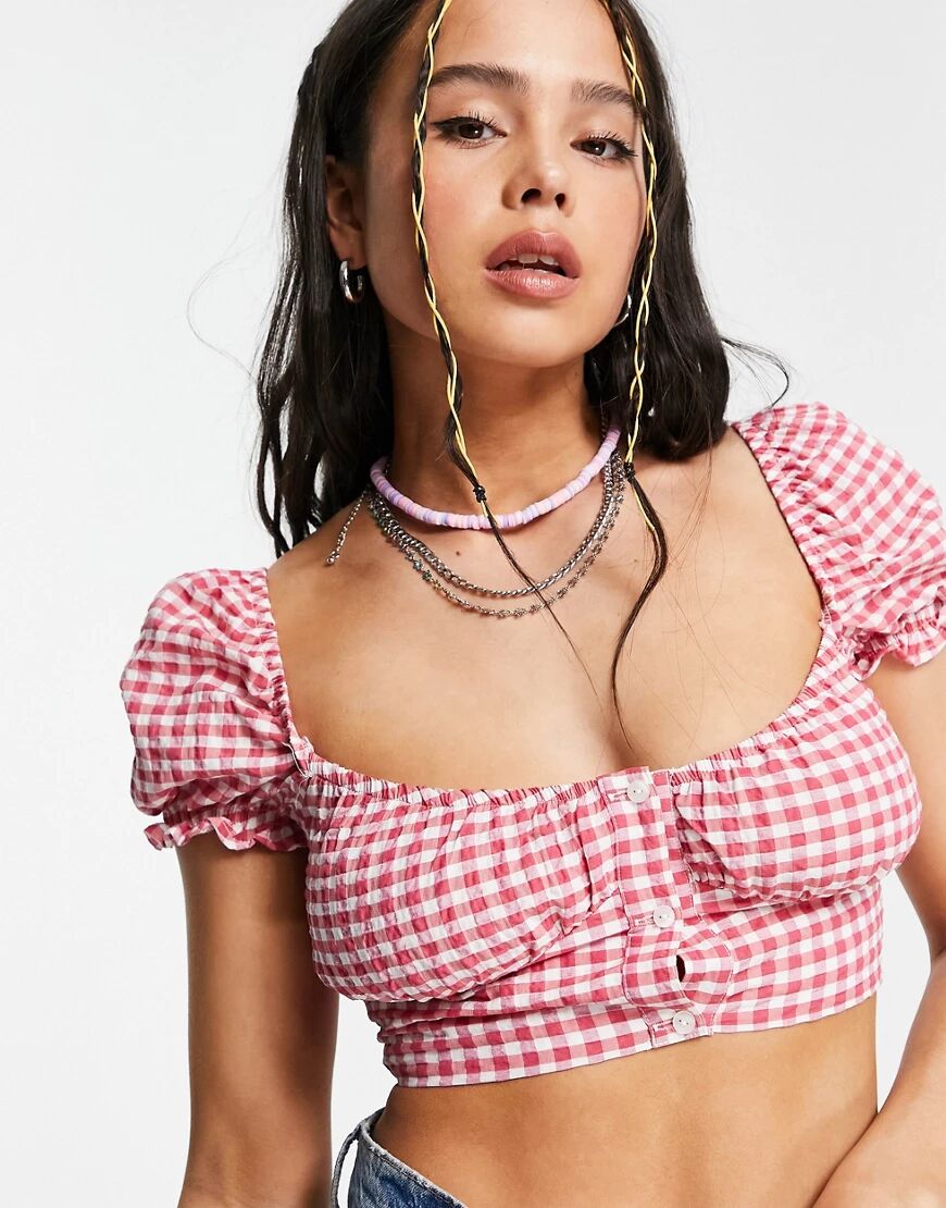 Bershka cropped gingham milkmaid blouse in red  Red