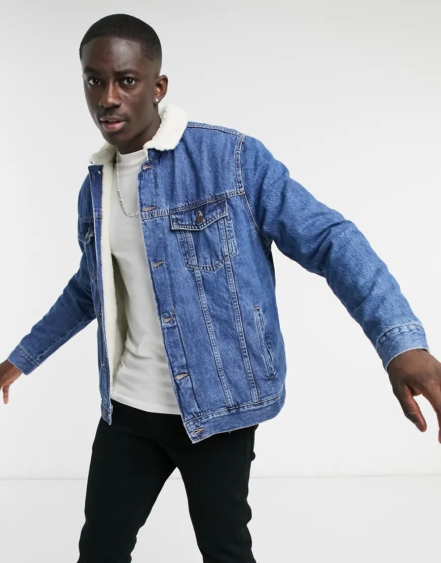 Bershka denim trucker jacket with borg collar in blue  Blue