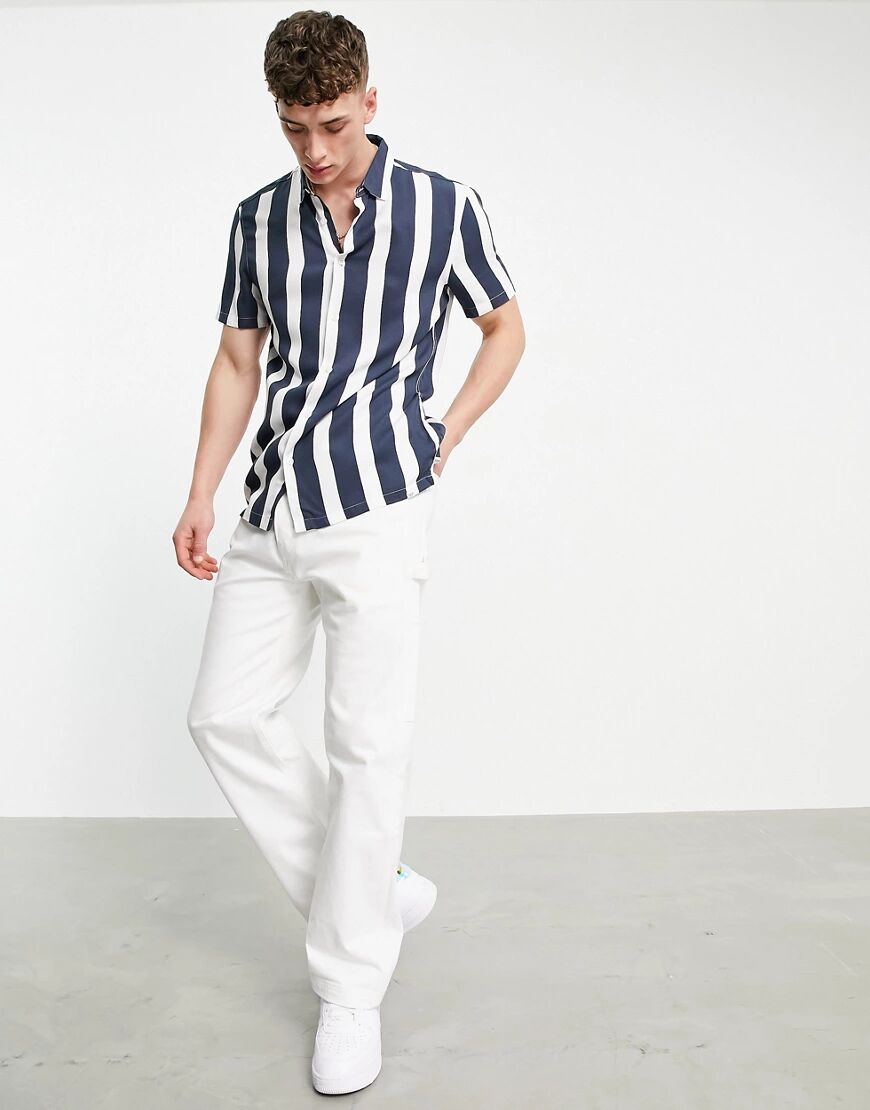 Bershka jersey vertical stripe shirt in navy blue  Blue