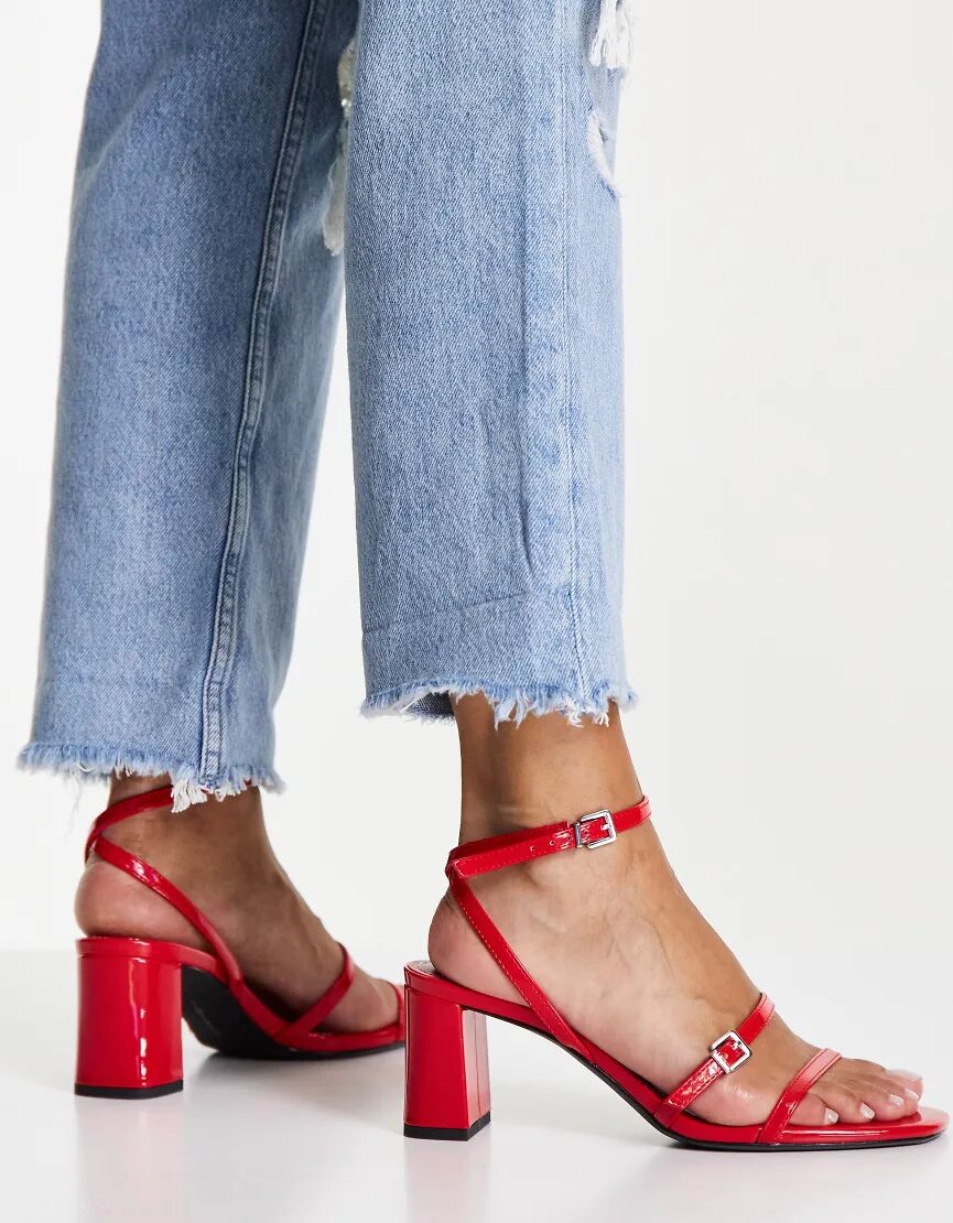 Bershka mid heel strappy patent sandal in red  Red