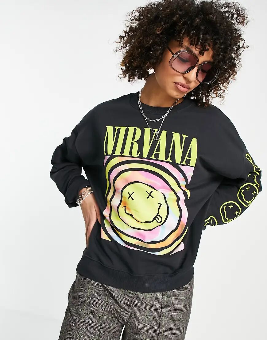 Bershka Nirvana oversized slogan sweat in charcoal-Grey  Grey