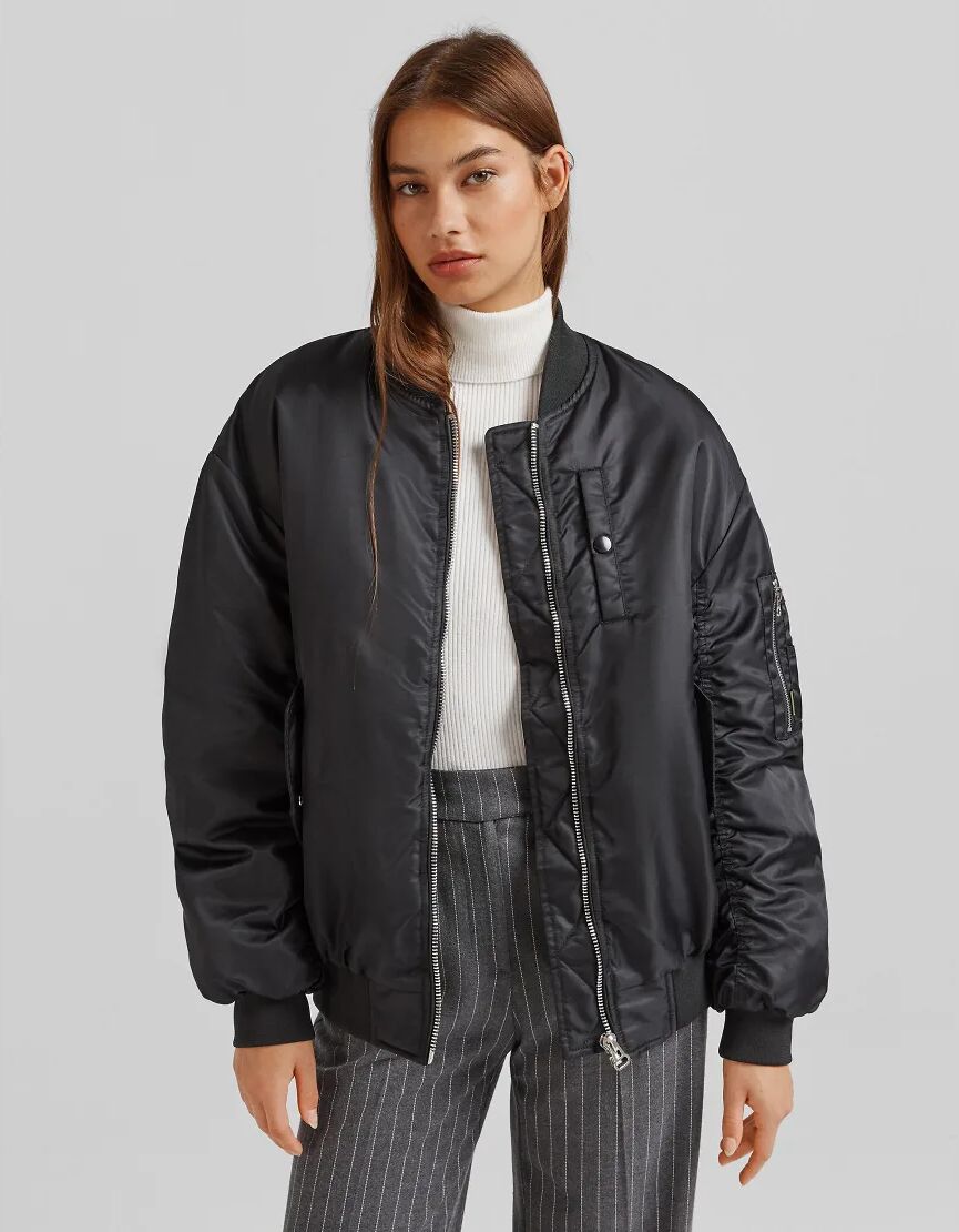 Bershka nylon bomber jacket in black  Black