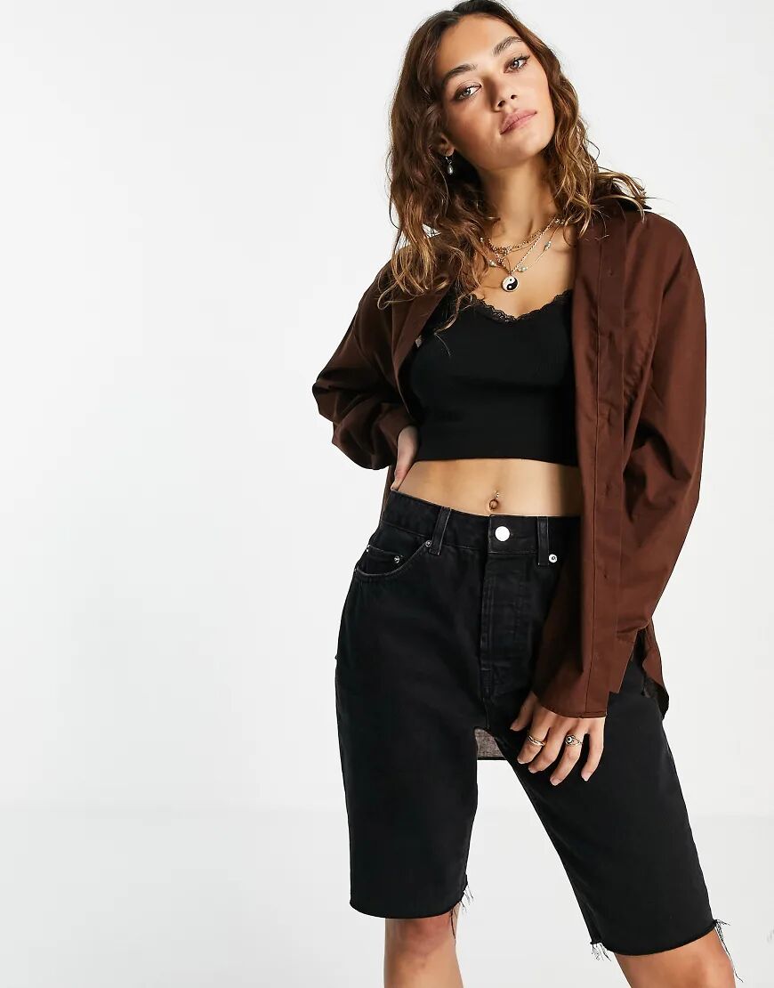 Bershka oversized shirt in dark chocolate brown  Brown