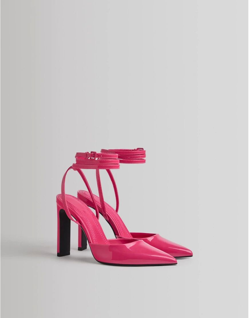 Bershka pointed patent heeled shoes with wraparound tie detail in hot pink  Pink