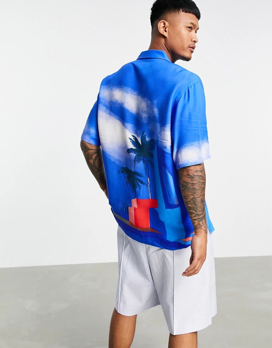 Bershka relaxed fit shirt with cloud print-Blue  Blue