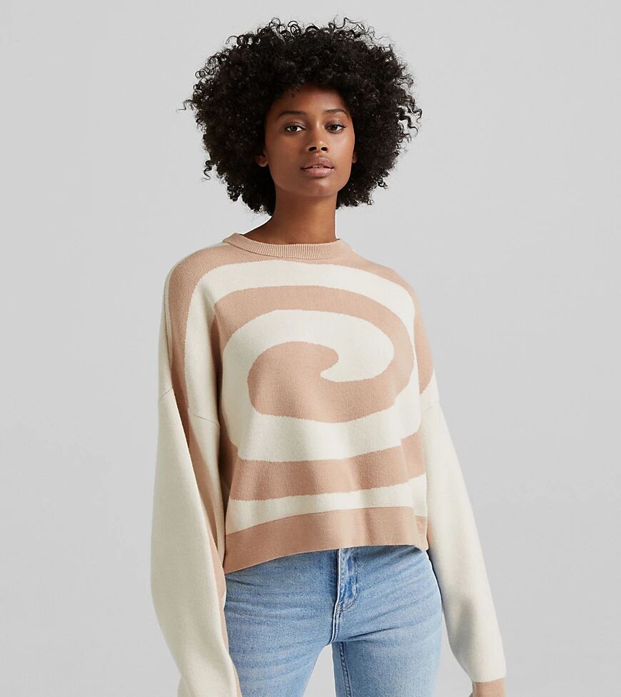 Bershka retro swirl detail jumper in beige-Neutral  Neutral